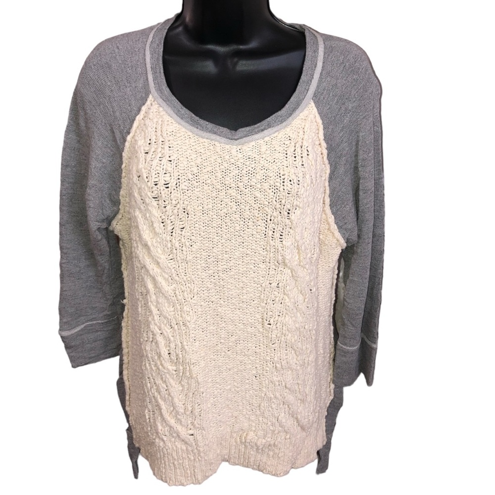 Anthropologie Dolan Ivory/Gray 3/4 Sleeve Crochet Pullover Sweater - S